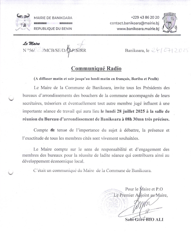 Le Maire invite les bouchers avec leurs présidents des bureaux d'arrondissement à une séance de travail ce 28/07/2025
